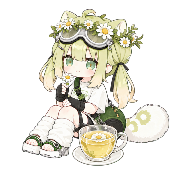 Chamomile 的 Q 版形象坐在洋甘菊茶旁